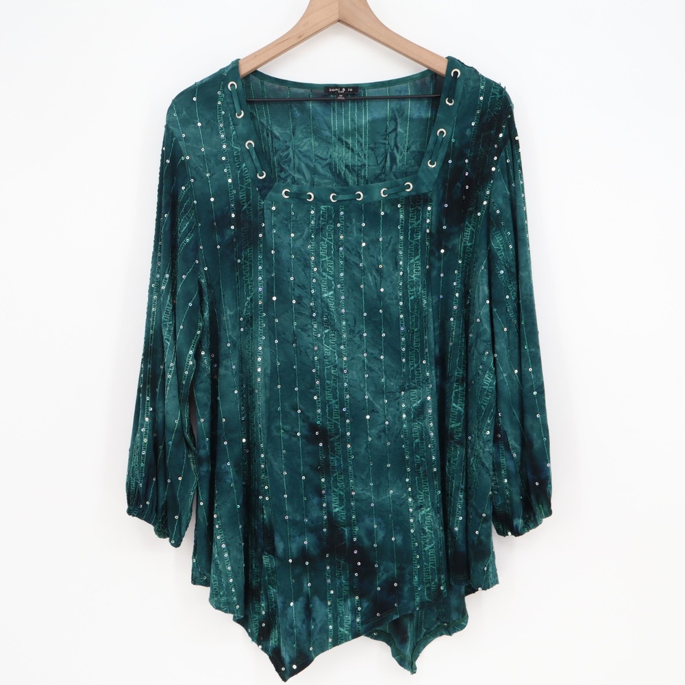 Sami & Jo Top Womens 2X Sharkbite Teal Tie Dye Sequin Grommet Tunic Excellent
